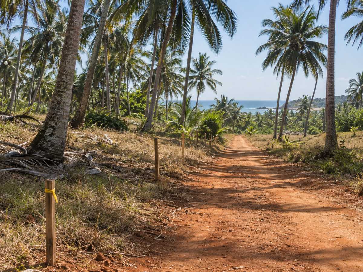 Red laterite lane through a coconut estate toward a faint strip of sea, survey pegs along one edge