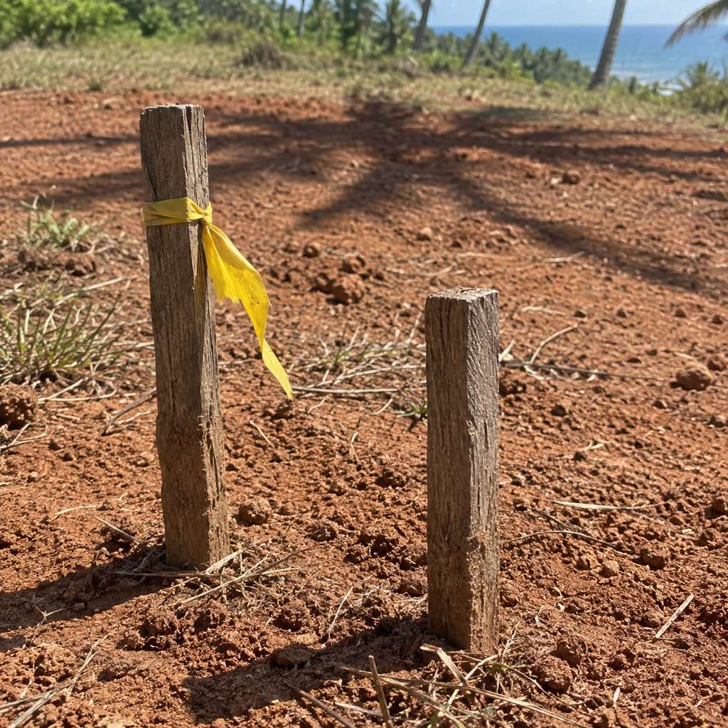 Wooden survey pegs and a scrap of yellow tape on red laterite soil