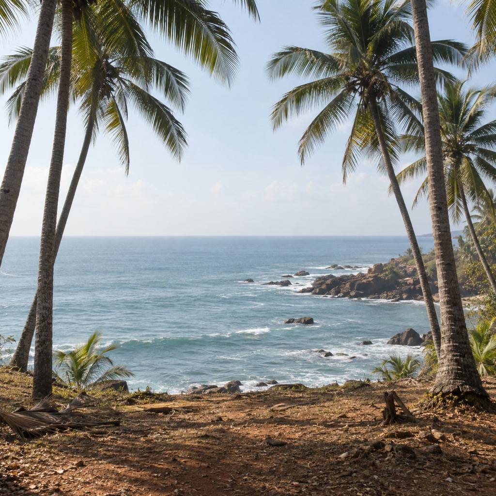 Indian Ocean seen through a coconut fringe, pale water and still air