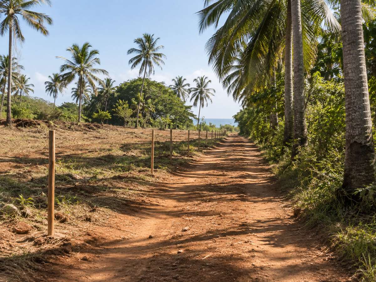 Dirt access lane with a line of survey stakes receding into coconut shade